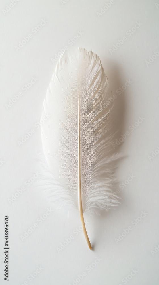 A single, beautifully detailed feather lying flat against a light solid color background, emphasizing its texture A single, beautifully detailed feather lying flat against a light solid color background, emphasizing its texture