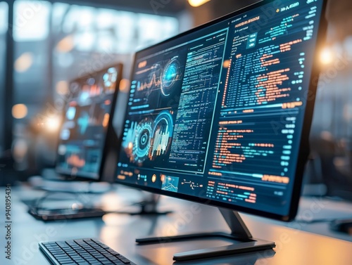 Close-up of multiple monitors displaying data analytics and code in a high-tech office environment, emphasizing digital operations and advanced technology.