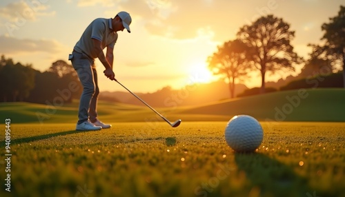 Golfer hit sweeping driver after hitting golf ball down the fairway with sunrise background, golf background, morning golf background 