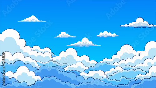 A whimsical cartoon illustration showcasing fluffy clouds in a bright blue sky