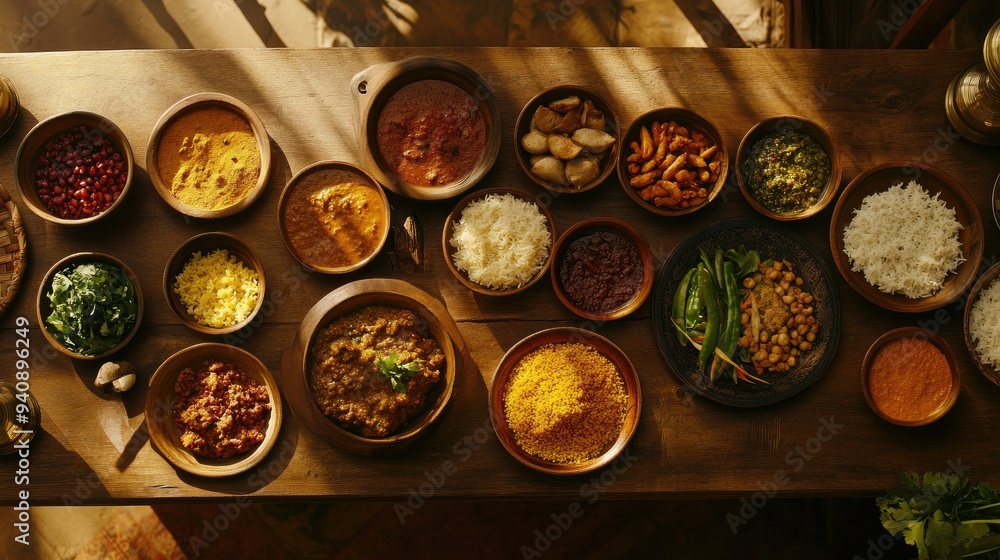 A beautifully composed top view of Indian cuisine, highlighting the diversity and richness of flavors on a traditional table. A beautifully composed top view of Indian cuisine, highlighting the diversity and richness of flavors on a traditional table.