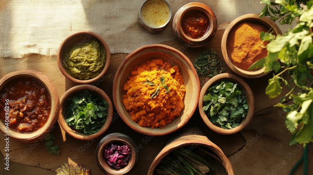 A beautifully composed top view of Indian cuisine, highlighting the diversity and richness of flavors on a traditional table. A beautifully composed top view of Indian cuisine, highlighting the diversity and richness of flavors on a traditional table.