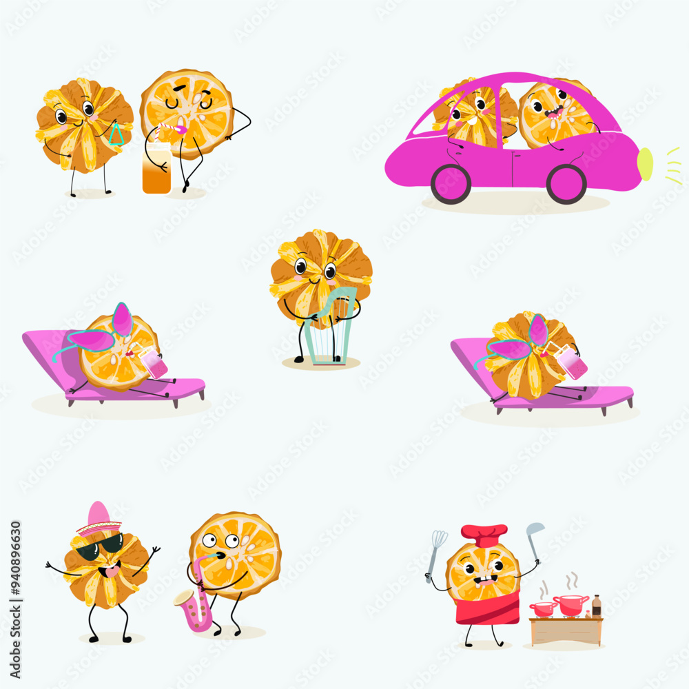 Fototapeta premium Orange Citrus, aurantium, Corrugato, funny characters fruits. Citrus aurantium Corrugato or bitter orange or bitter mandarin, pomeranian fruit. Hand drawn vector illustration.