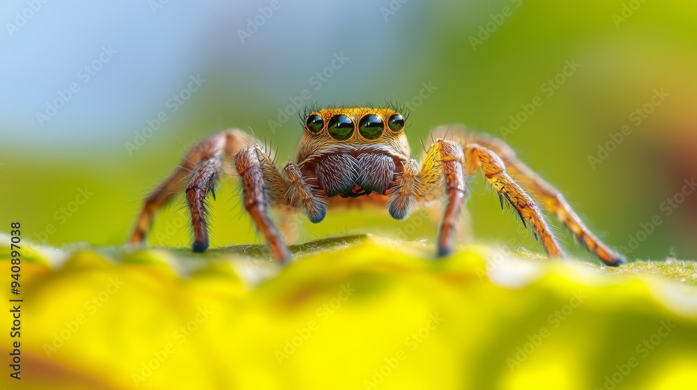 A tight shot of a jumping spider atop a yellow bloom against a blue backdrop A tight shot of a jumping spider atop a yellow bloom against a blue backdrop
