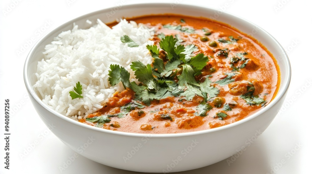 A bowl of spicy Indian curry served with rice and garnished with fresh herbs on a white background. A bowl of spicy Indian curry served with rice and garnished with fresh herbs on a white background.