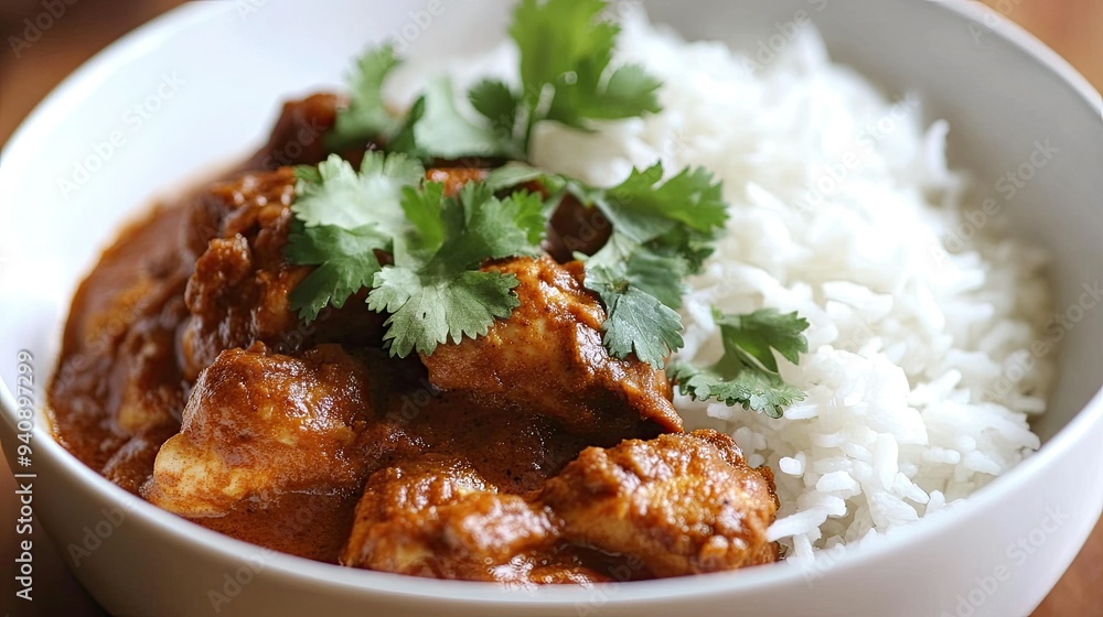 A bowl of spicy Indian chicken curry served with aromatic basmati rice, garnished with fresh cilantro. A bowl of spicy Indian chicken curry served with aromatic basmati rice, garnished with fresh cilantro.
