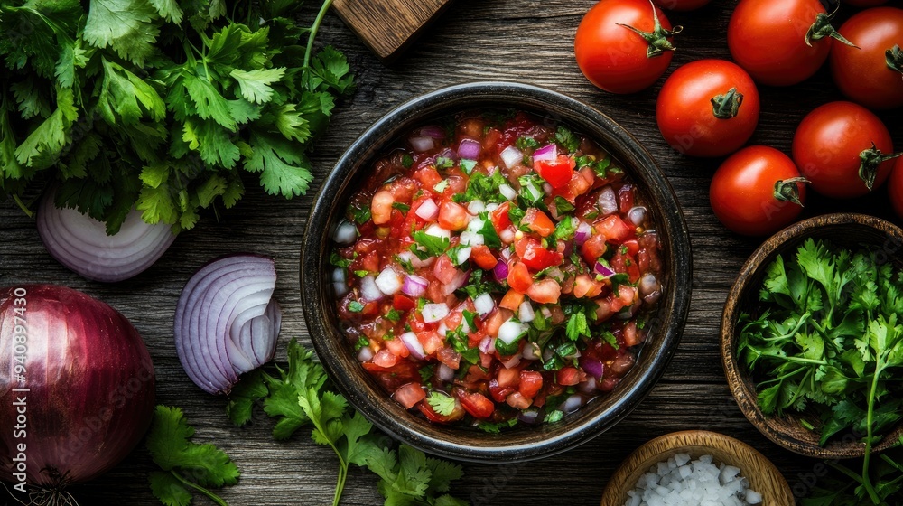 A bowl of traditional Mexican salsa surrounded by fresh ingredients like tomatoes, onions, and cilantro on a rustic wooden table. A bowl of traditional Mexican salsa surrounded by fresh ingredients like tomatoes, onions, and cilantro on a rustic wooden table.