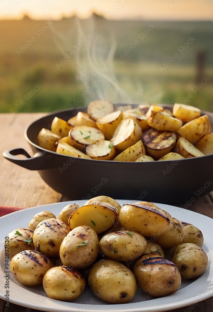 Delicious barbecue grilled potatoes with some garnish Delicious barbecue grilled potatoes with some garnish