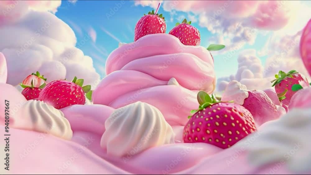 A pink dessert with strawberries and whipped cream 4K motion A pink dessert with strawberries and whipped cream 4K motion