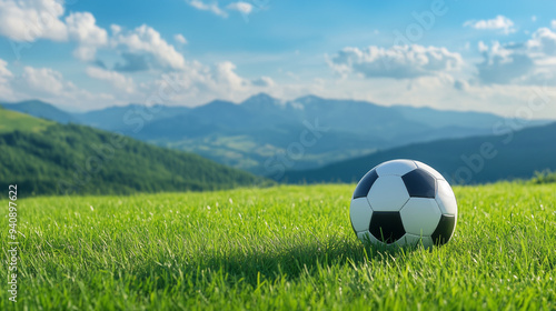 Soccer Dreams on a Mountaintop: A classic black and white soccer ball sits on a vibrant green field, with breathtaking mountain vistas under a blue sky, inviting adventure and athletic spirit.  photo