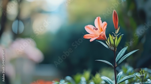  A flower in focus on a plant against a background of trees and bushes softly blurred