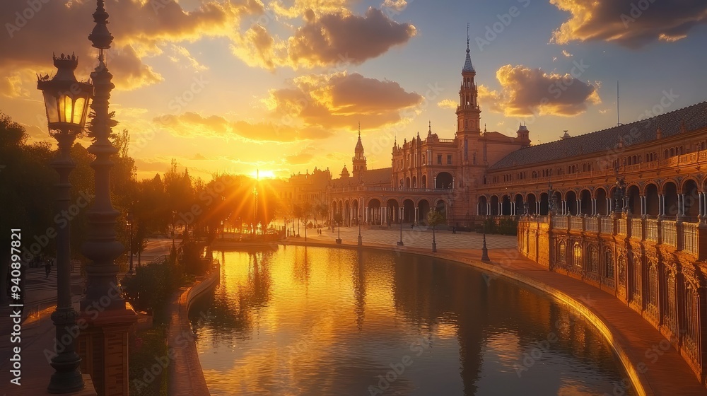 Naklejka premium A breathtaking sunset over Plaza de Espas in Seville, where warm hues reflect off the historic architecture and serene canals.