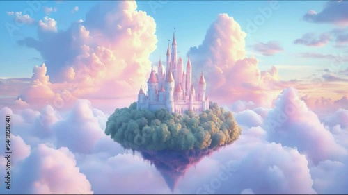 A castle is floating in the sky with clouds surrounding it 4K motion