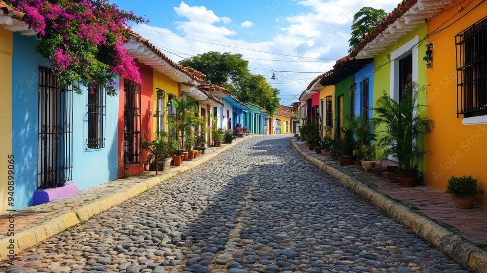 Fototapeta premium A charming colonial street lined with colorful houses and cobblestones, exuding history and vibrant energy.