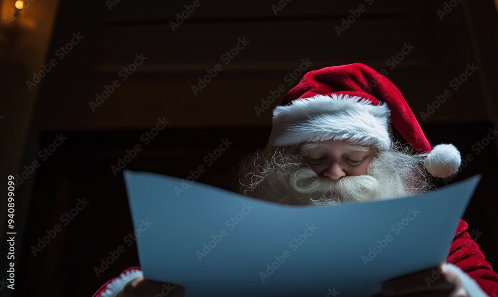 Naklejka premium Santa Claus reading a wish list written by kids in a dimly lit room, preparing for Christmas, ideal for holiday-themed storytelling, festive decorations, and seasonal promotions