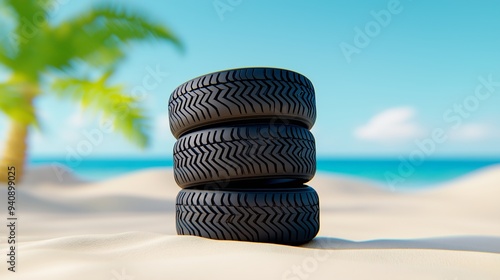 Three tires are stacked on top of each other on a sandy beach