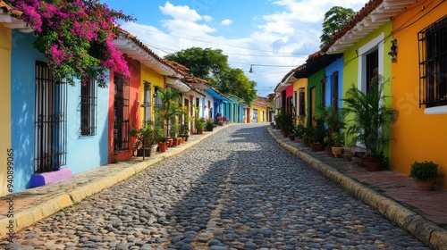 A charming colonial street lined with colorful houses and cobblestones, exuding history and vibrant energy.