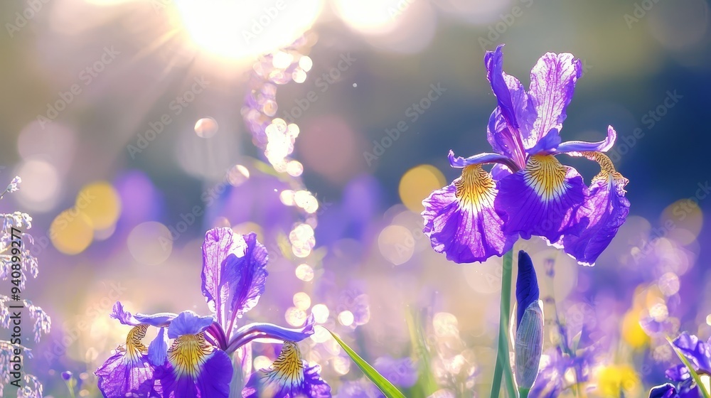 A scene of purple flowers in foreground, sun filtering through overhead clouds A scene of purple flowers in foreground, sun filtering through overhead clouds