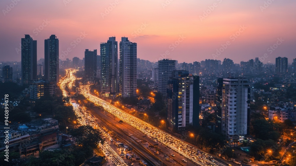 A cityscape of a modern Indian metropolis at dusk, with tall buildings, traffic, and illuminated streets. A cityscape of a modern Indian metropolis at dusk, with tall buildings, traffic, and illuminated streets.