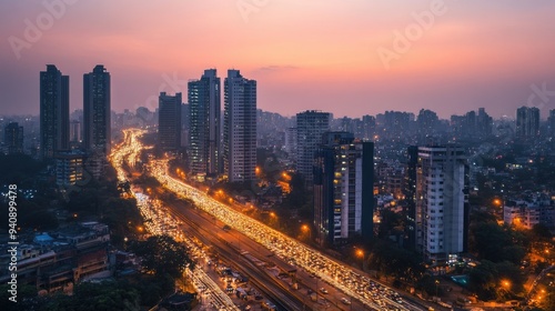 A cityscape of a modern Indian metropolis at dusk, with tall buildings, traffic, and illuminated streets.