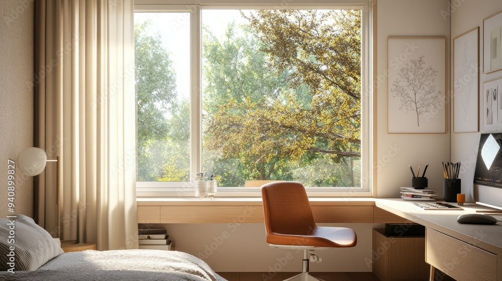 Fototapeta premium A clean, minimalist study table situated by a large window in a child bedroom, providing a bright and organized space.
