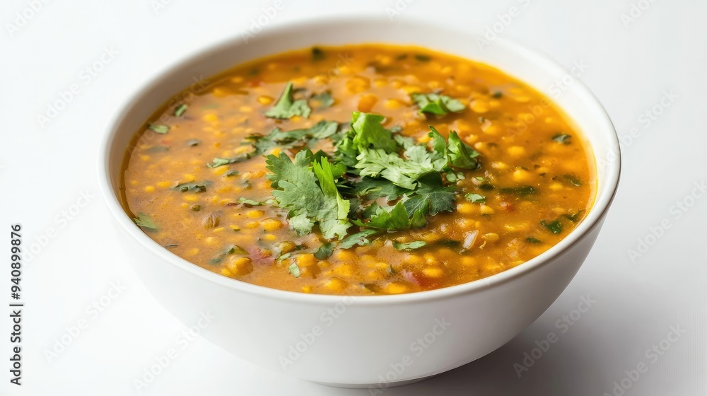 A close-up of a bowl filled with traditional Indian dal, served on a plain white background. A close-up of a bowl filled with traditional Indian dal, served on a plain white background.