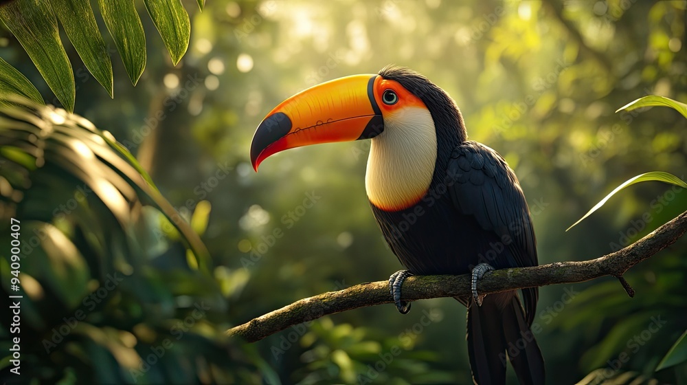 Obraz premium A close-up of a toucan on a branch, showcasing its striking colors against the backdrop of the jungle.