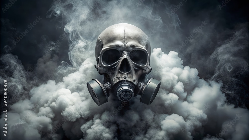 A skull shrouded in smoke wears a gas mask, eerie and ethereal, captured from above, with dusky colors casting a somber mood. A skull shrouded in smoke wears a gas mask, eerie and ethereal, captured from above, with dusky colors casting a somber mood.