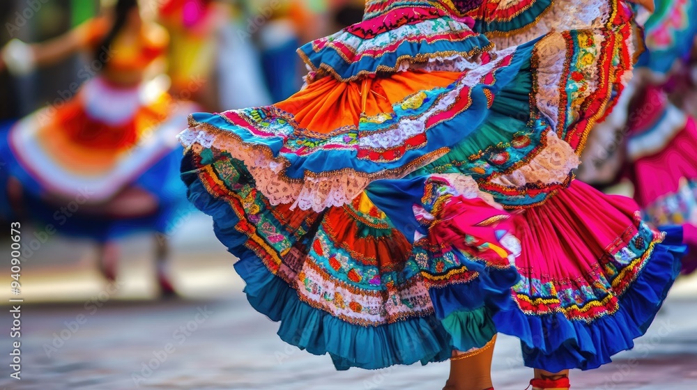 A close-up of dancers wearing traditional Mexican dresses, with flowing skirts during a cultural performance. A close-up of dancers wearing traditional Mexican dresses, with flowing skirts during a cultural performance.
