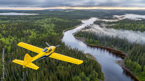 A yellow plane is flying over a forest and a river