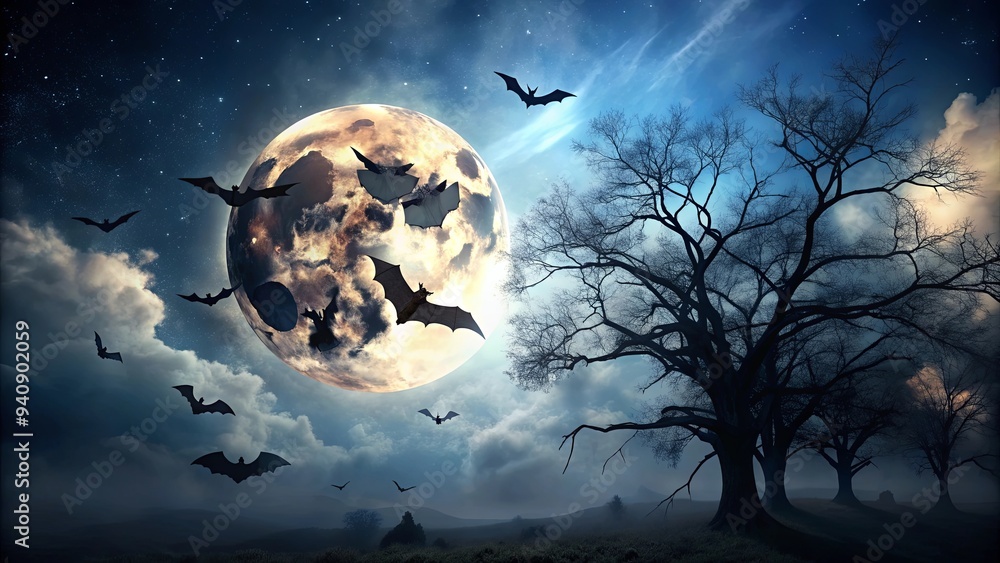 Haunting night scene with bats flying against a glowing full moon creating an eerie ambiance, bats, flying, glowing, full moon Haunting night scene with bats flying against a glowing full moon creating an eerie ambiance, bats, flying, glowing, full moon