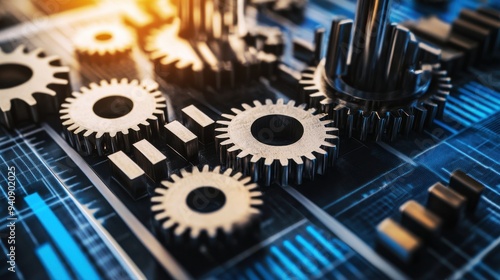 Close-up of metallic gears and mechanisms on a circuit board, showcasing technology and mechanical engineering intricacies.