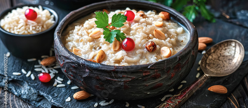 Roz bel Laban is a traditional Egyptian dessert made with rice cooked in milk until creamy and thickened, sweetened with sugar and flavored with vanilla or rose water photo