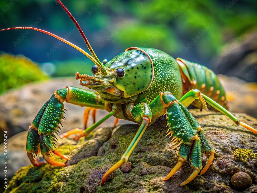 A majestic green lobster perches atop a worn rock, its vibrant claws outstretched as if beckoning the viewer to a secret underwater world. A majestic green lobster perches atop a worn rock, its vibrant claws outstretched as if beckoning the viewer to a secret underwater world.