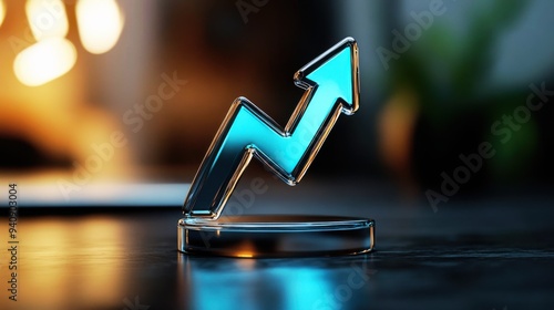 Glass arrow symbolizing growth and progress with blurred background, perfect for business and financial concepts.