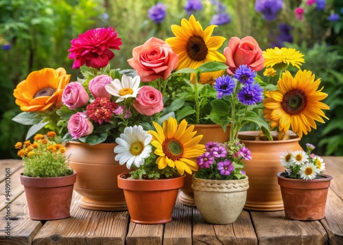 Photo image of various colorful flowers such as roses, daisies, and sunflowers growing out of small ceramic pots on a wooden table.