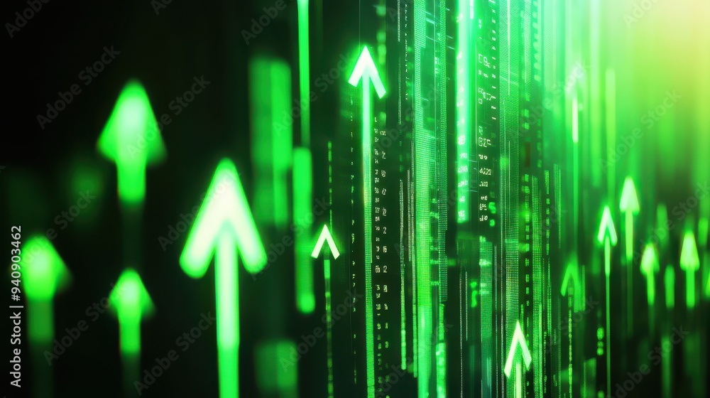 Green upward arrows with digital data, representing growth and progress in the financial or technology sector, with a futuristic feel. Green upward arrows with digital data, representing growth and progress in the financial or technology sector, with a futuristic feel.