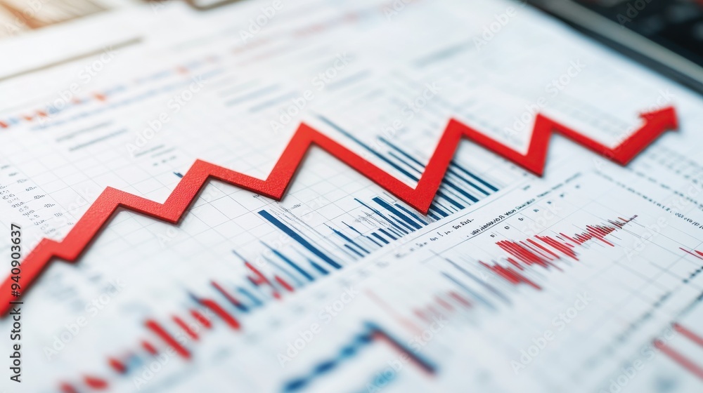 Red arrow moving upward on financial report with graphs and charts, symbolizing growth, success, and positive financial trend in business. Red arrow moving upward on financial report with graphs and charts, symbolizing growth, success, and positive financial trend in business.
