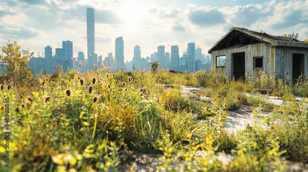 An overgrown field of wild vegetation surrounds an abandoned house, with a distant city skyline visible under a bright, cloudy sky. An overgrown field of wild vegetation surrounds an abandoned house, with a distant city skyline visible under a bright, cloudy sky.