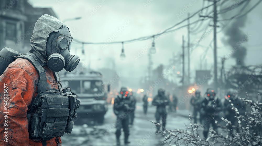 A gas masked survivor in a red suit leads a group through post-apocalyptic urban ruins, amidst a bleak and smoky environment, emphasizing survival. A gas masked survivor in a red suit leads a group through post-apocalyptic urban ruins, amidst a bleak and smoky environment, emphasizing survival.