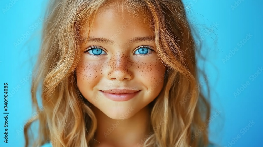 A young girl with blonde hair and blue eyes is smiling at the camera. She has a light blue shirt on A young girl with blonde hair and blue eyes is smiling at the camera. She has a light blue shirt on