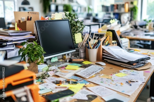 A cluttered office desk filled with sticky notes, papers, and a computer monitor, indicating a busy and possibly disorganized workspace with various items scattered around.