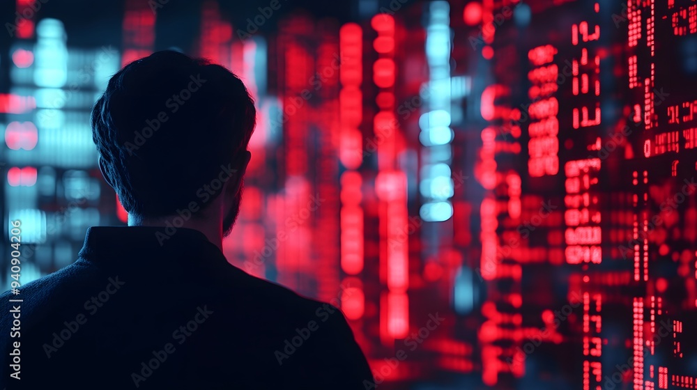 A person staring at a computer screen filled with red numbers and financial graphs, soft, cold blue lighting casting a digital glow, artistic style of modern realism with a focus on technology, mood A person staring at a computer screen filled with red numbers and financial graphs, soft, cold blue lighting casting a digital glow, artistic style of modern realism with a focus on technology, mood