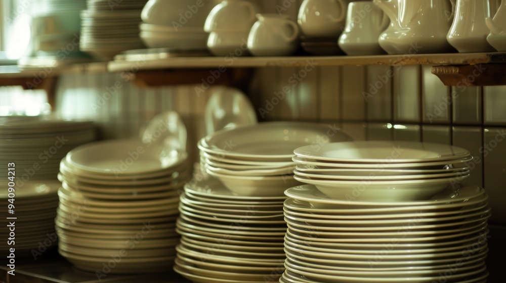 A collection of plates piled high on a shelf A collection of plates piled high on a shelf