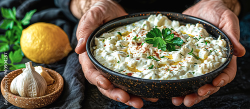 Tzatziki is a Greek sauce or dip made with strained yogurt, cucumbers, garlic, olive oil, lemon juice, and herbs such as dill or mint photo