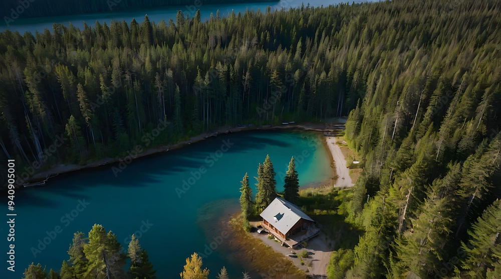 Aerial View of a Cabin Nestled in a Forest by a Pristine Lake Aerial View of a Cabin Nestled in a Forest by a Pristine Lake