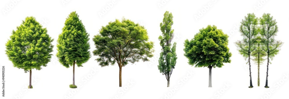 Fototapeta premium Collection of Seven Green Trees Isolated on White Background