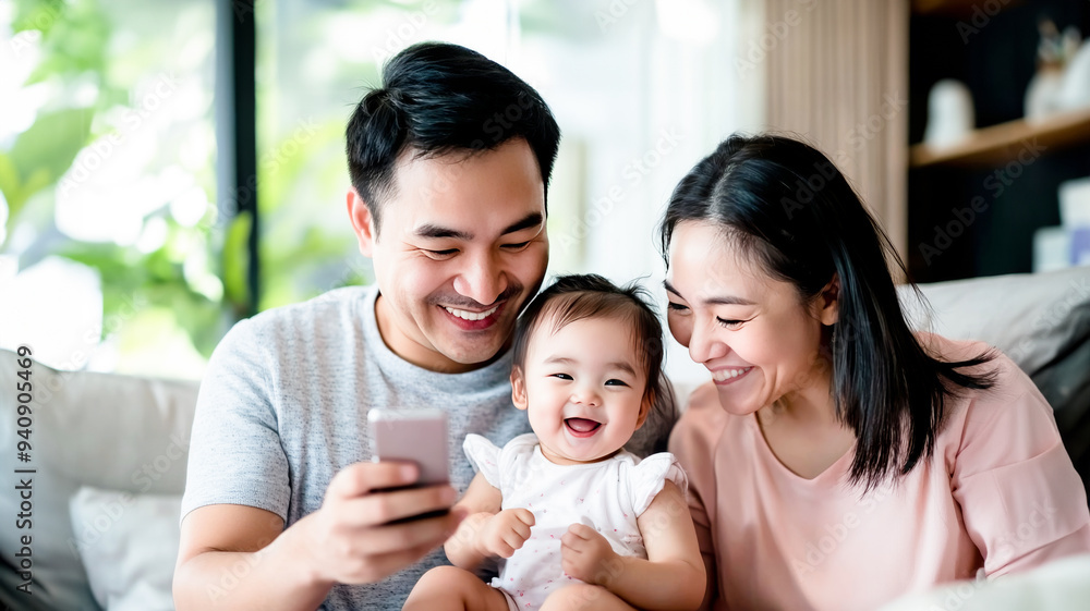 A joyful father playing with daughter while mother takes photo with smartphone at home. Happy Family Concept. A joyful father playing with daughter while mother takes photo with smartphone at home. Happy Family Concept.
