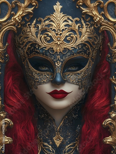 Elegant costume party poster featuring masquerade masks, ornate decorations, and rich jewel tones, ideal for a sophisticated and mysterious gathering