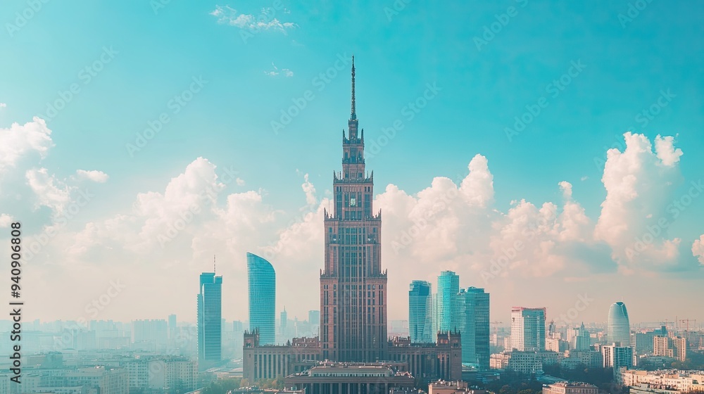 Obraz premium A daytime shot of the Palace of Culture and Science in Warsaw, highlighting its towering presence in the city skyline.